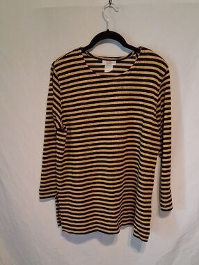 VINTAGE 80'S Metallic Striped Black and Gold Long-Sleeve Crewneck Top